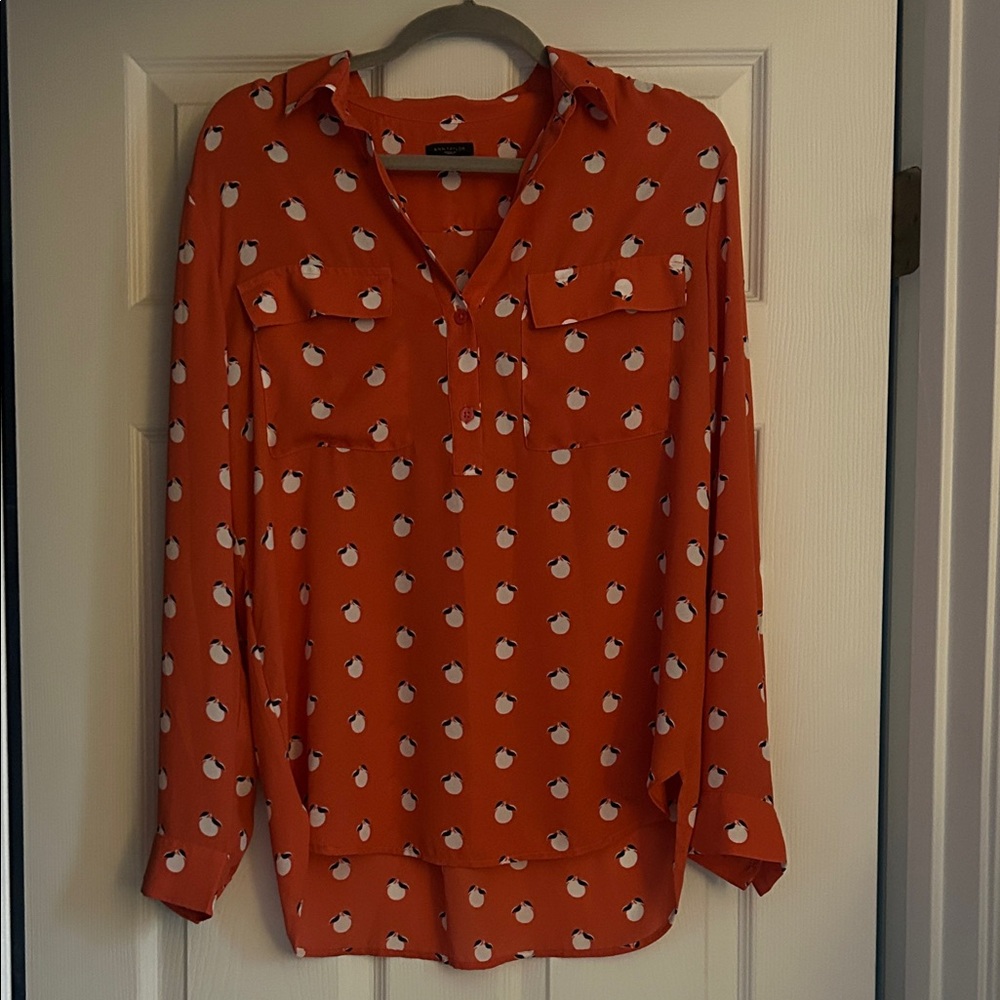 Ann Taylor Coral Printed Long-Sleeve Button-Front Blouse